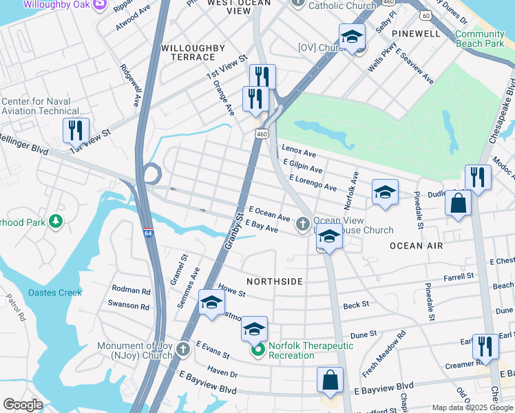 map of restaurants, bars, coffee shops, grocery stores, and more near 116 East Ocean Avenue in Norfolk