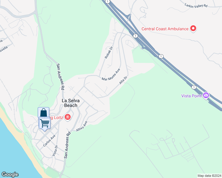 map of restaurants, bars, coffee shops, grocery stores, and more near 136 Alta Drive in Watsonville