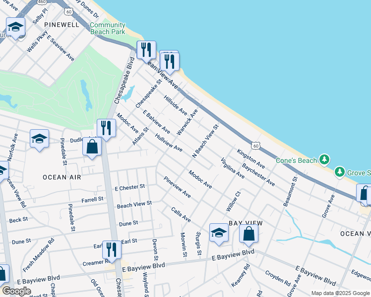 map of restaurants, bars, coffee shops, grocery stores, and more near 1227 East Balview Avenue in Norfolk