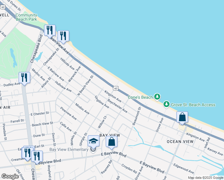 map of restaurants, bars, coffee shops, grocery stores, and more near 9651 Sturgis Street in Norfolk