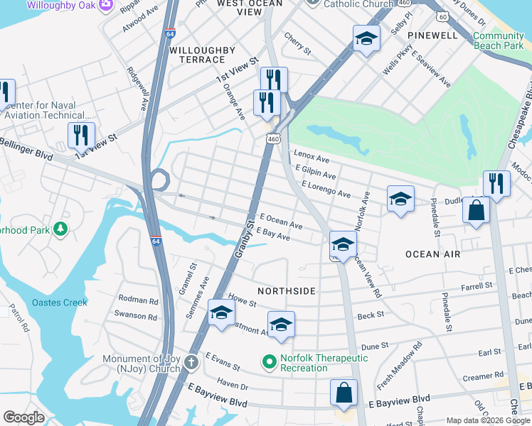 map of restaurants, bars, coffee shops, grocery stores, and more near 9014 Granby Street in Norfolk
