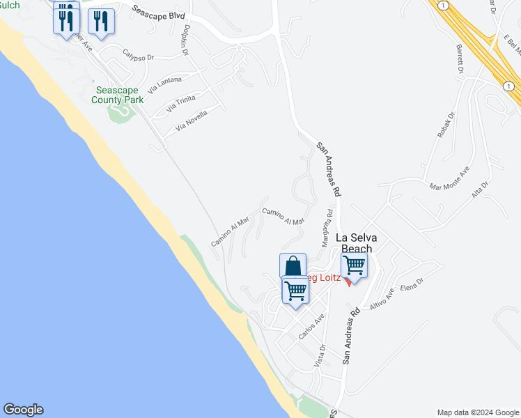 map of restaurants, bars, coffee shops, grocery stores, and more near 440 Camino Al Mar in Watsonville