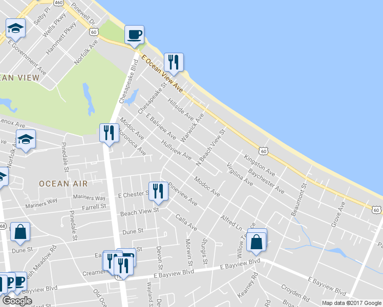 map of restaurants, bars, coffee shops, grocery stores, and more near 1227 East Balview Avenue in Norfolk