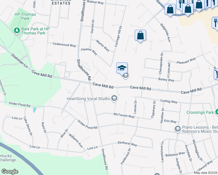 map of restaurants, bars, coffee shops, grocery stores, and more near 1417 Cave Mill Road in Bowling Green