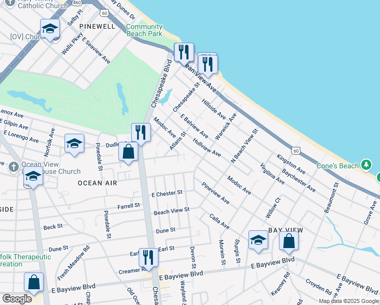 map of restaurants, bars, coffee shops, grocery stores, and more near 1139 East Leicester Avenue in Norfolk