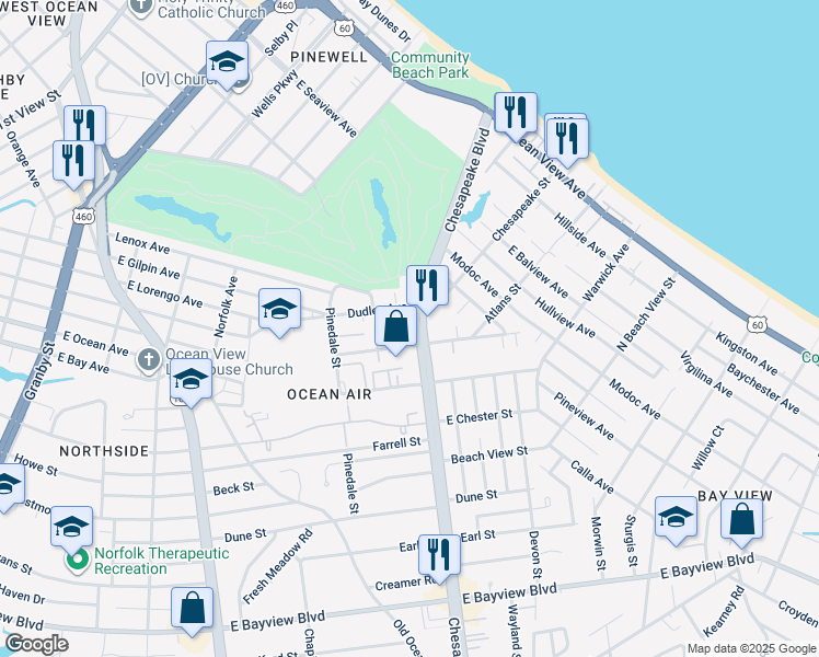 map of restaurants, bars, coffee shops, grocery stores, and more near 720 East Leicester Avenue in Norfolk