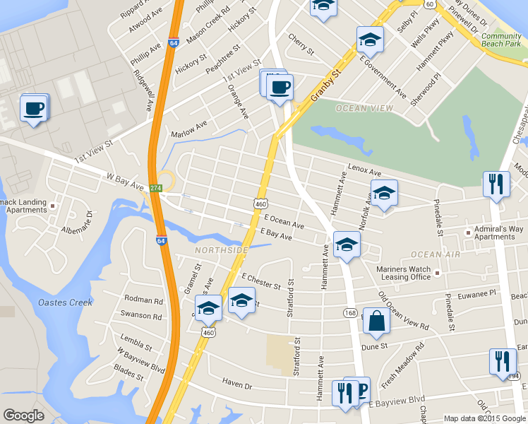 map of restaurants, bars, coffee shops, grocery stores, and more near 9014 Granby Street in Norfolk
