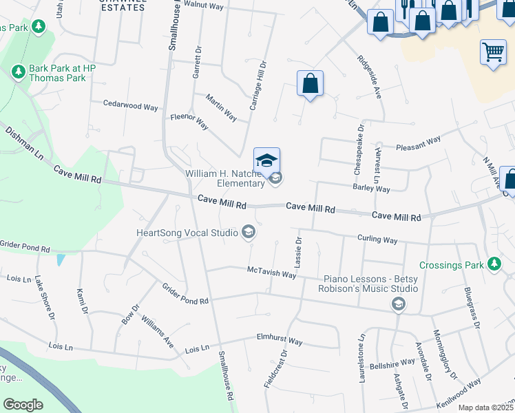 map of restaurants, bars, coffee shops, grocery stores, and more near 1434 Cave Mill Road in Bowling Green