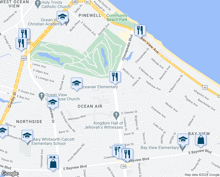 map of restaurants, bars, coffee shops, grocery stores, and more near 9117 Chesapeake Boulevard in Norfolk