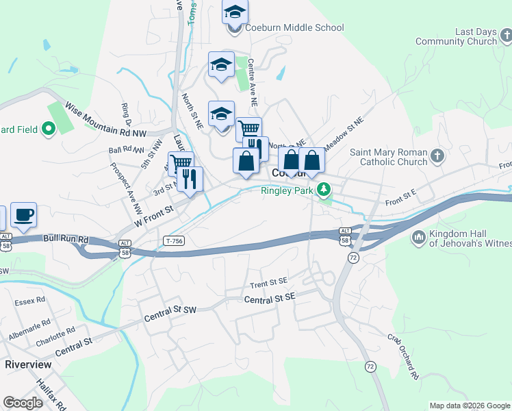 map of restaurants, bars, coffee shops, grocery stores, and more near 402 Front Street East in Coeburn