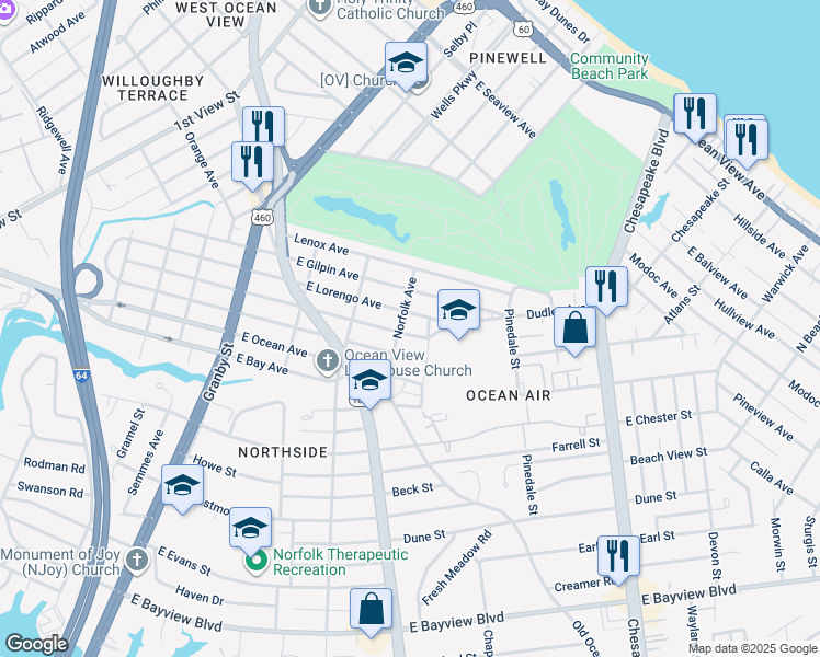 map of restaurants, bars, coffee shops, grocery stores, and more near 406 E Randall Ave in Norfolk