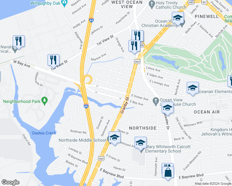 map of restaurants, bars, coffee shops, grocery stores, and more near 133 West Ocean Avenue in Norfolk