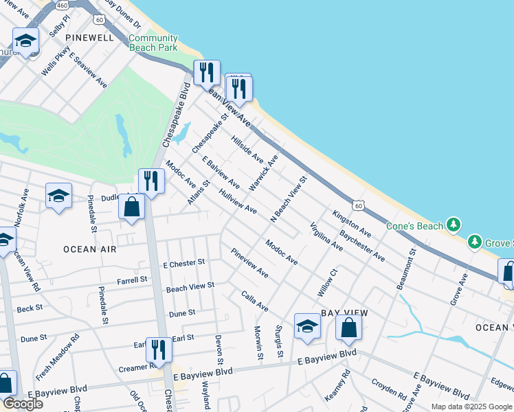 map of restaurants, bars, coffee shops, grocery stores, and more near 1221 Hullview Avenue in Norfolk