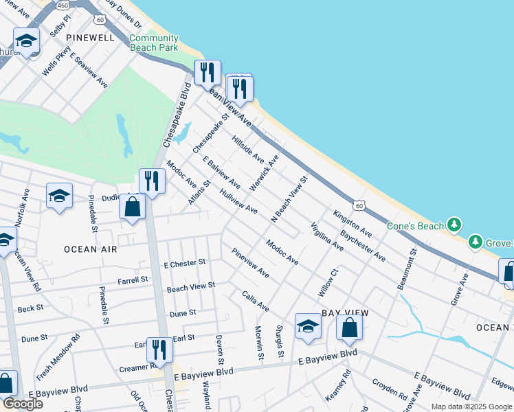 map of restaurants, bars, coffee shops, grocery stores, and more near 1221 Hullview Avenue in Norfolk