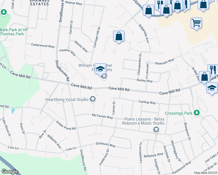 map of restaurants, bars, coffee shops, grocery stores, and more near 1434 Cave Mill Road in Bowling Green