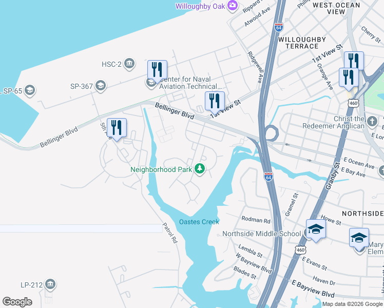 map of restaurants, bars, coffee shops, grocery stores, and more near 8807 Monitor Way in Norfolk