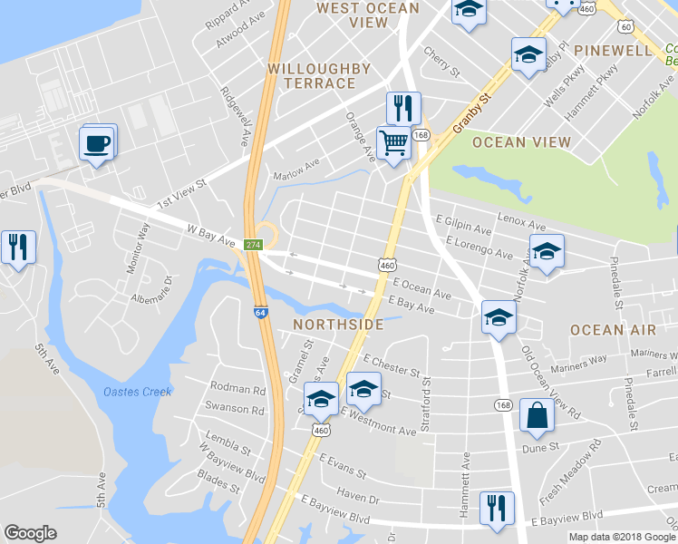 map of restaurants, bars, coffee shops, grocery stores, and more near 141 West Ocean Avenue in Norfolk