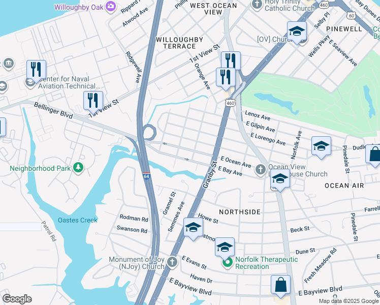 map of restaurants, bars, coffee shops, grocery stores, and more near 141 West Ocean Avenue in Norfolk