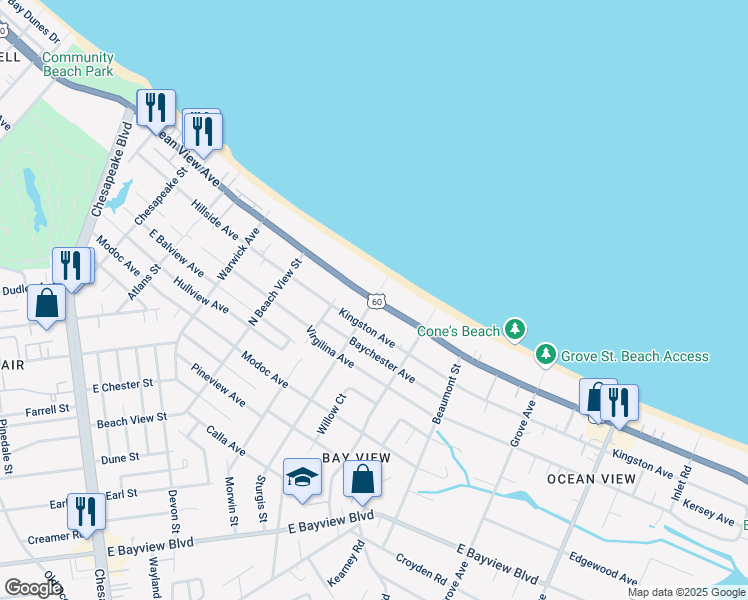 map of restaurants, bars, coffee shops, grocery stores, and more near E Ocean View Ave & Sturgis St in Norfolk