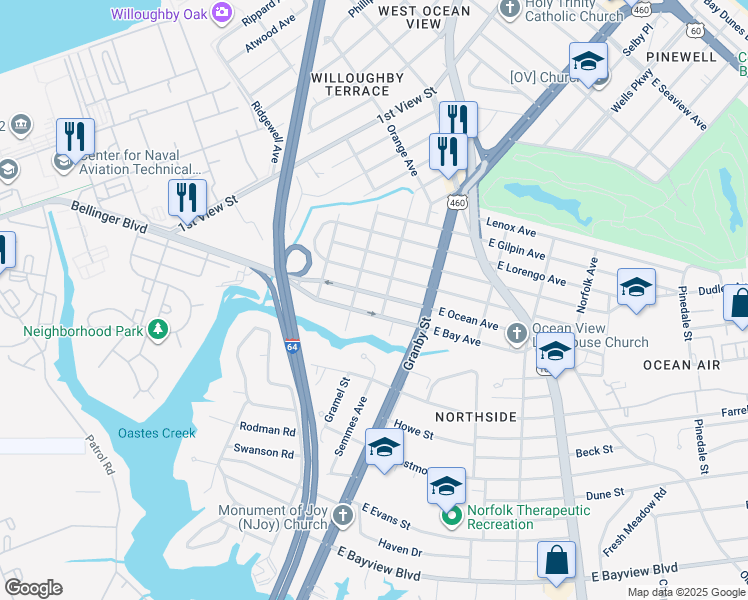 map of restaurants, bars, coffee shops, grocery stores, and more near 145 West Ocean Avenue in Norfolk