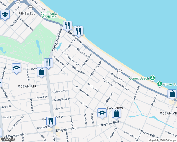 map of restaurants, bars, coffee shops, grocery stores, and more near 1300 North Beach View Street in Norfolk