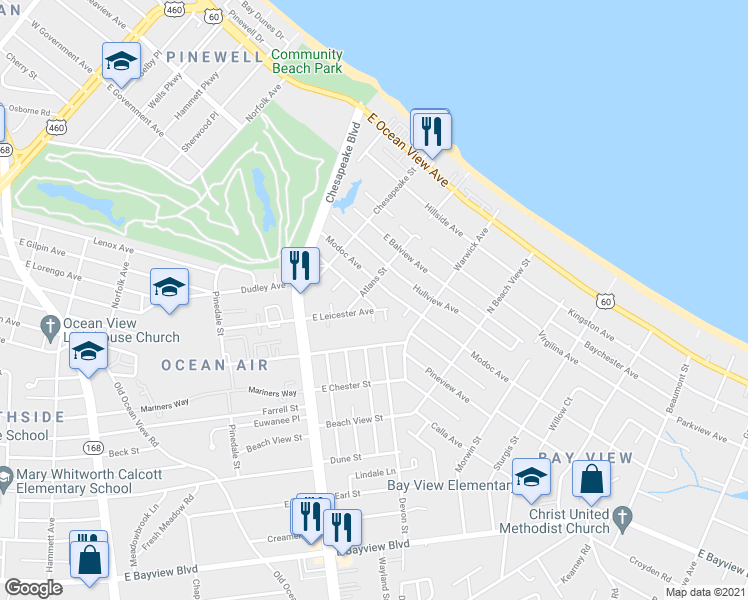 map of restaurants, bars, coffee shops, grocery stores, and more near 1139 East Leicester Avenue in Norfolk