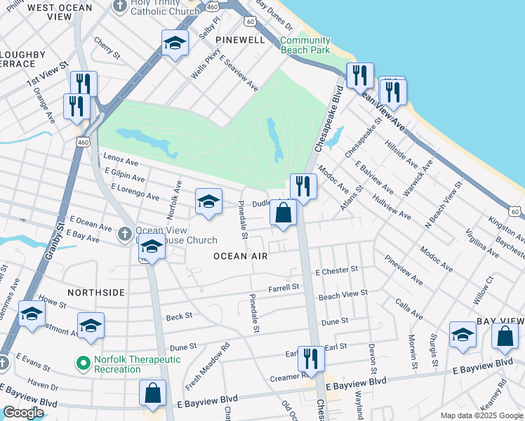 map of restaurants, bars, coffee shops, grocery stores, and more near 622 East Leicester Avenue in Norfolk