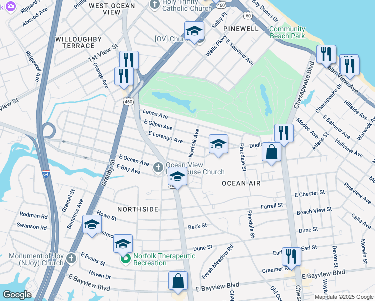 map of restaurants, bars, coffee shops, grocery stores, and more near 333 East Randall Avenue in Norfolk