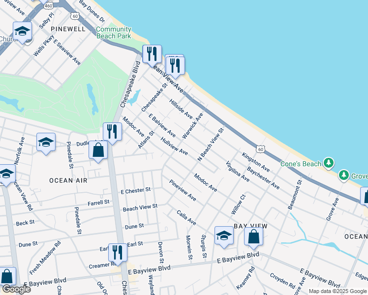 map of restaurants, bars, coffee shops, grocery stores, and more near 1221 Hullview Avenue in Norfolk