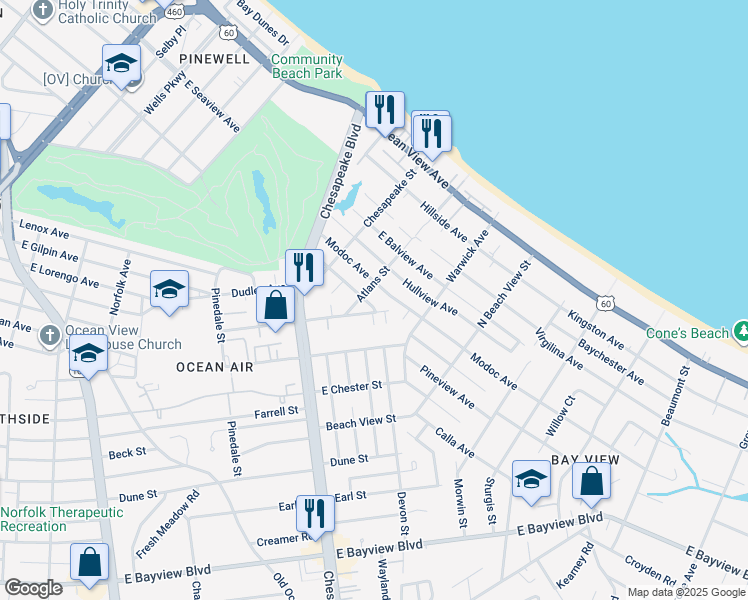 map of restaurants, bars, coffee shops, grocery stores, and more near 1108 Woronoca Avenue in Norfolk