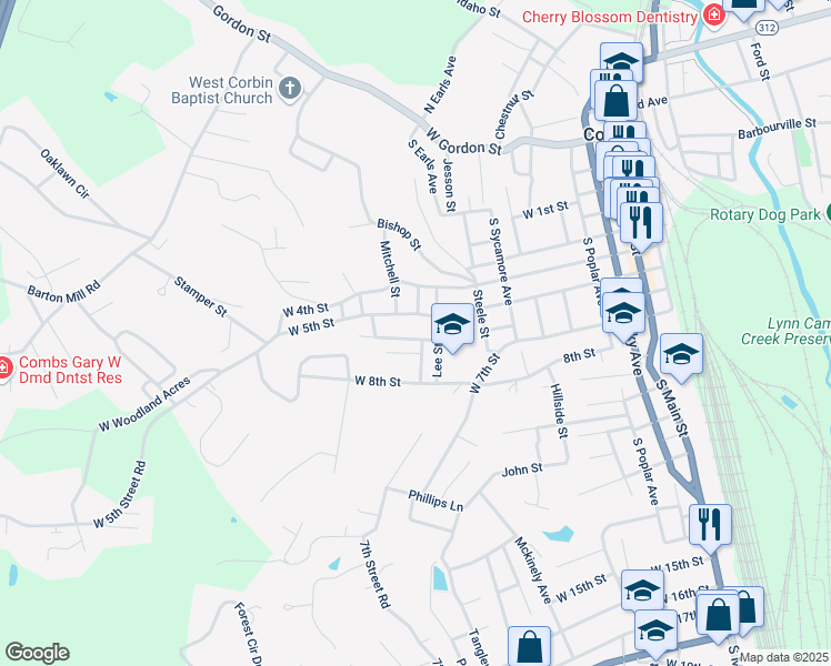 map of restaurants, bars, coffee shops, grocery stores, and more near 900 1/2 Crest Street in Corbin