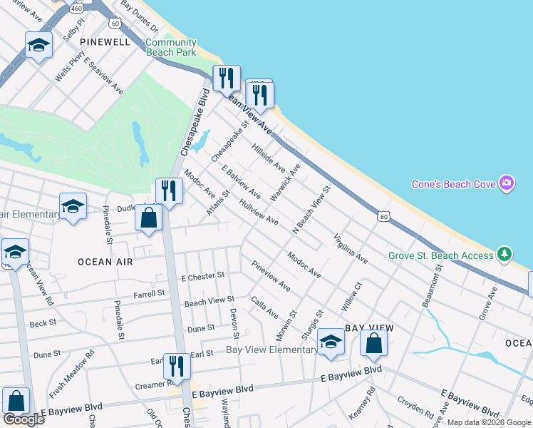 map of restaurants, bars, coffee shops, grocery stores, and more near 9500 Warwick Avenue in Norfolk