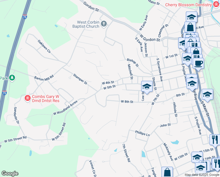 map of restaurants, bars, coffee shops, grocery stores, and more near 1015 West 5th Street in Corbin