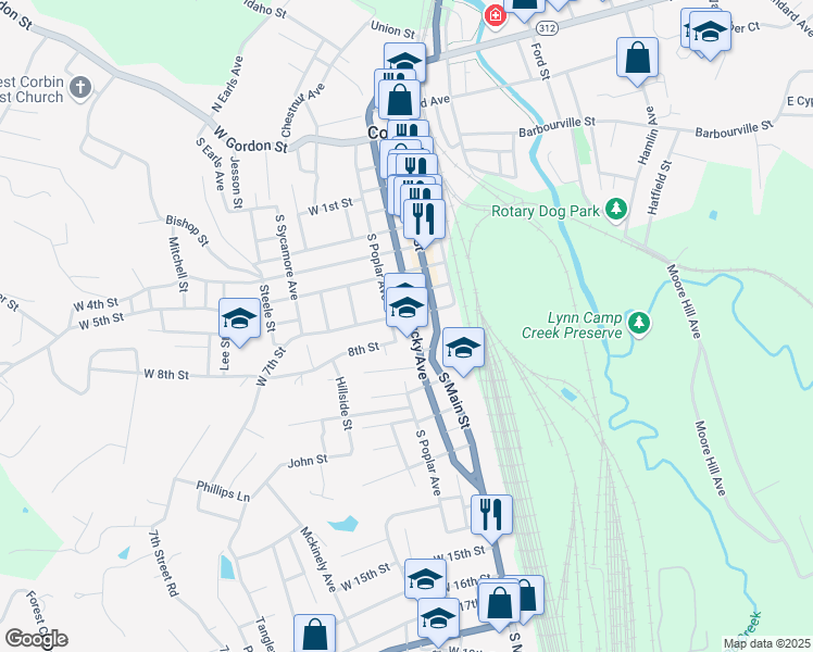 map of restaurants, bars, coffee shops, grocery stores, and more near 706 South Kentucky Avenue in Corbin