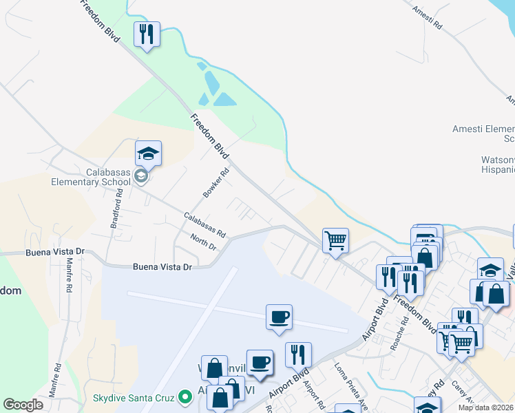 map of restaurants, bars, coffee shops, grocery stores, and more near 100 Azevedo Lane in Freedom