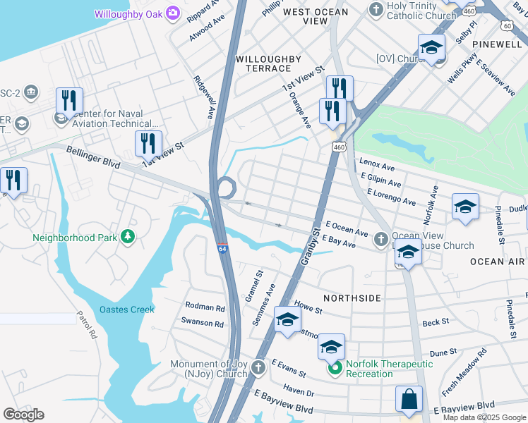 map of restaurants, bars, coffee shops, grocery stores, and more near 167 West Ocean Avenue in Norfolk
