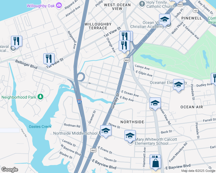 map of restaurants, bars, coffee shops, grocery stores, and more near 130 West Ocean Avenue in Norfolk