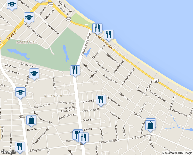 map of restaurants, bars, coffee shops, grocery stores, and more near 1139 East Leicester Avenue in Norfolk