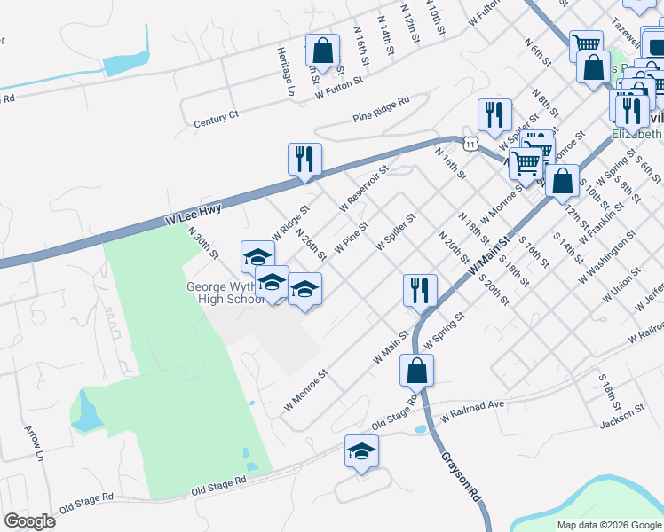map of restaurants, bars, coffee shops, grocery stores, and more near North 26th Street in Wytheville
