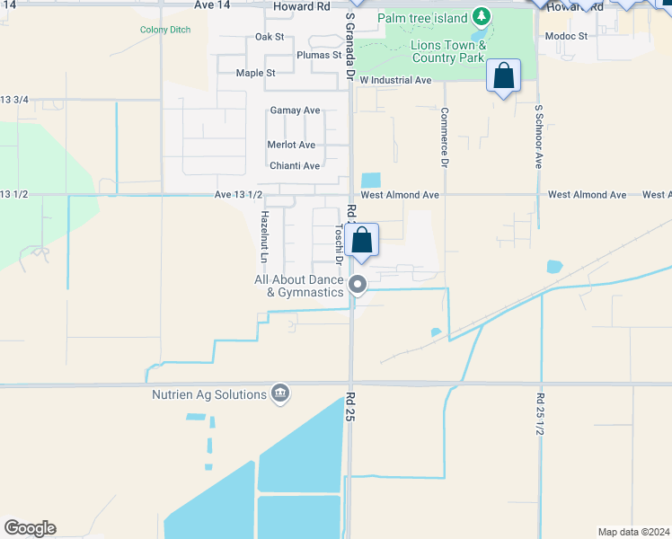 map of restaurants, bars, coffee shops, grocery stores, and more near 2646 Orange Tree Drive in Madera
