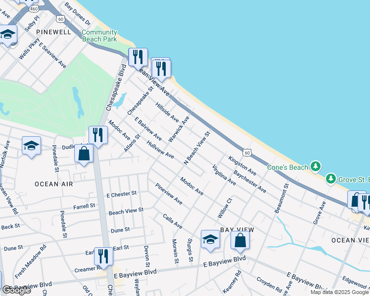 map of restaurants, bars, coffee shops, grocery stores, and more near 1229 Hillside Avenue in Norfolk