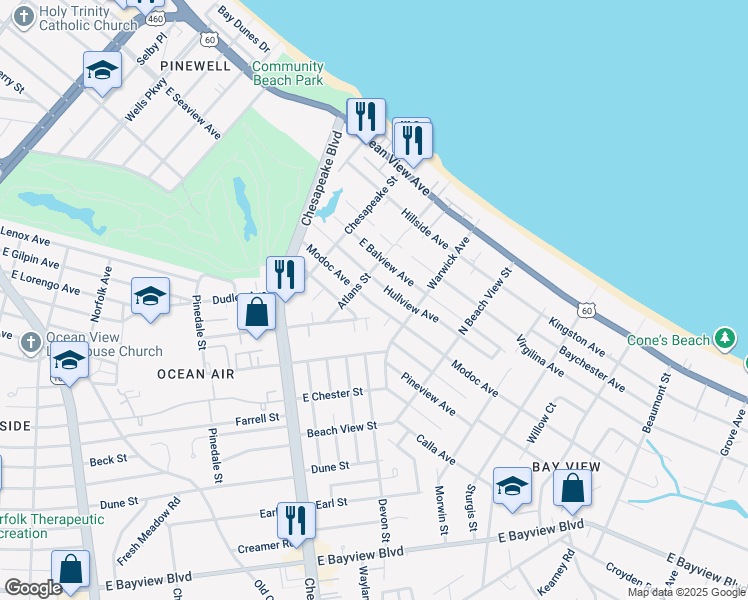 map of restaurants, bars, coffee shops, grocery stores, and more near 9430 Atlans Street in Norfolk