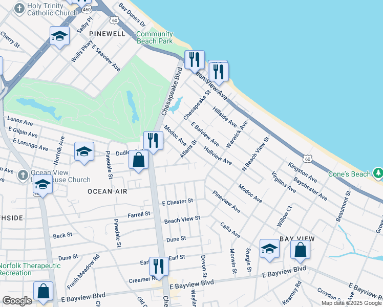 map of restaurants, bars, coffee shops, grocery stores, and more near 9430 Atlans Street in Norfolk