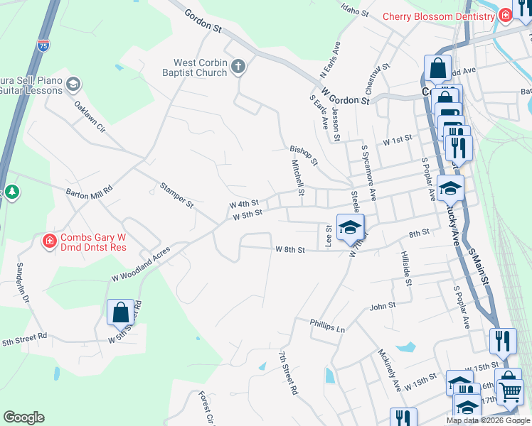 map of restaurants, bars, coffee shops, grocery stores, and more near 1007 West 4th Street in Corbin