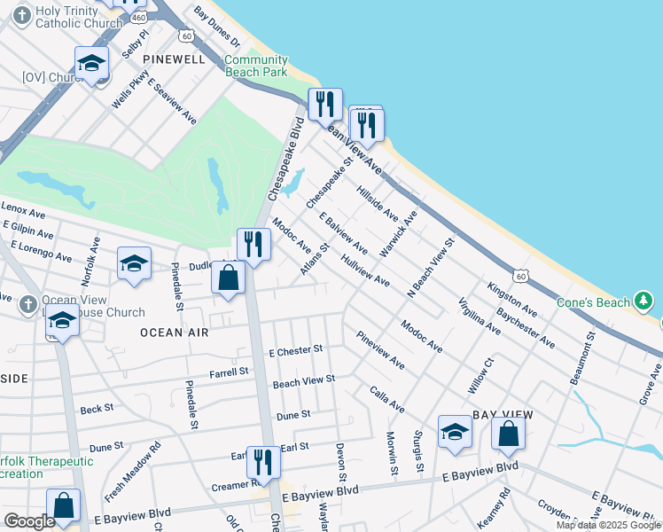 map of restaurants, bars, coffee shops, grocery stores, and more near 1116 Modoc Avenue in Norfolk