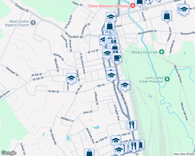 map of restaurants, bars, coffee shops, grocery stores, and more near 502 South Walnut Avenue in Corbin