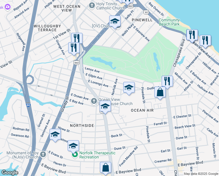 map of restaurants, bars, coffee shops, grocery stores, and more near 325 East Gilpin Avenue in Norfolk