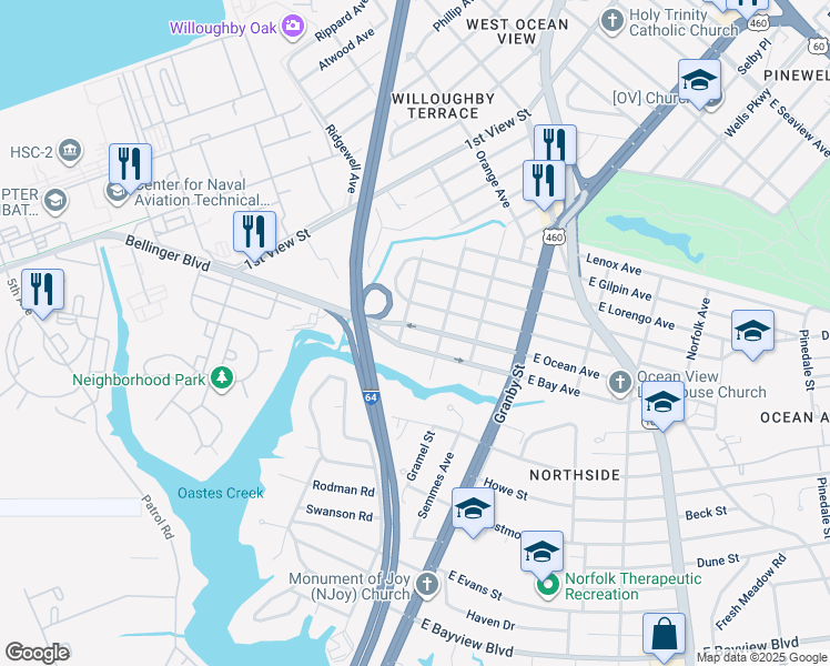 map of restaurants, bars, coffee shops, grocery stores, and more near 187 West Ocean Avenue in Norfolk