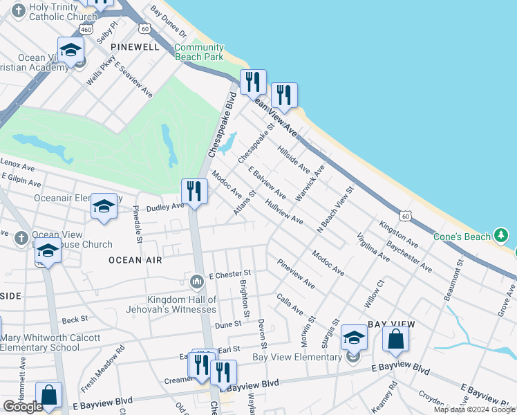 map of restaurants, bars, coffee shops, grocery stores, and more near 1116 Modoc Avenue in Norfolk
