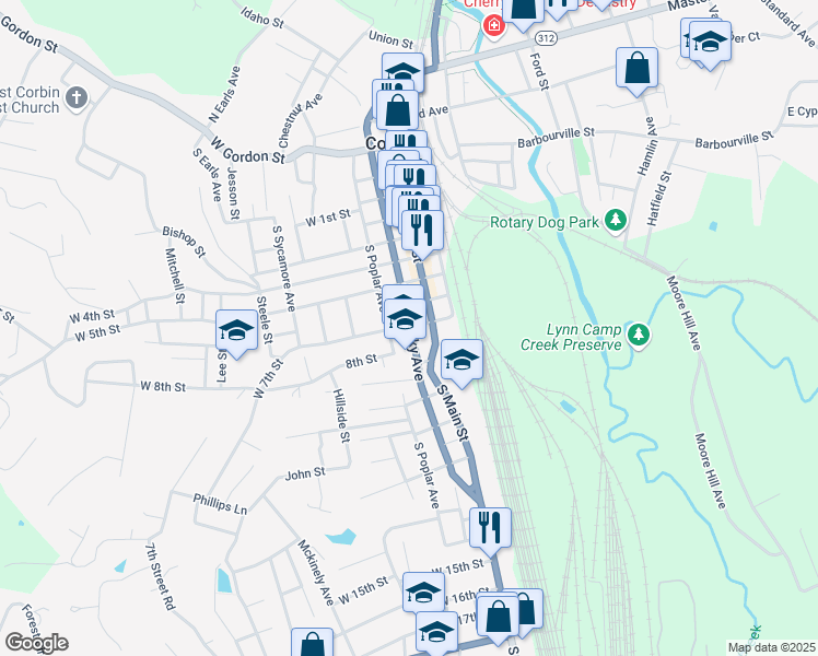 map of restaurants, bars, coffee shops, grocery stores, and more near 706 South Kentucky Avenue in Corbin